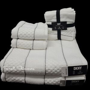 9pc DKNY White Textured Dark Gray Dot Pin Stripe Bath Hand Washcloth Towel Set